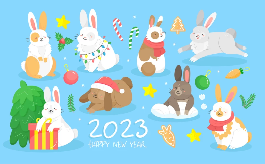 2023兔年新年春节新春卡通可爱手绘插画海报AI矢量设计素材模板【001】